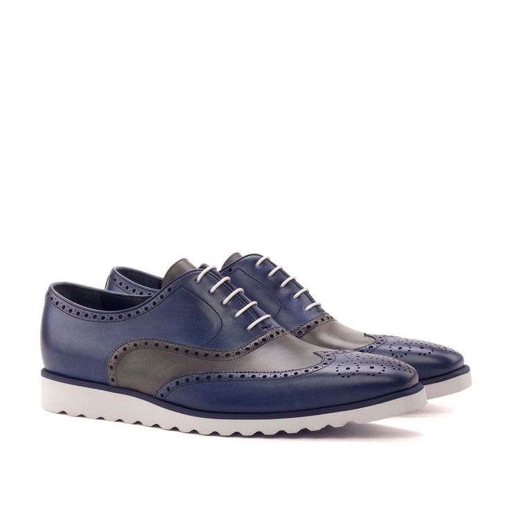 Ambrogio Bespoke Custom Men's Shoes Gray & Navy Calf-Skin Leather Full Brogue Oxfords (AMB2116)-AmbrogioShoes Custom Design Shoes, White Wedges, Brogue Shoes, Shoe Closet, Cole Haan Zerogrand Oxford, Every Man, Handmade Shoes, Luxury Shoes, Leather And Lace