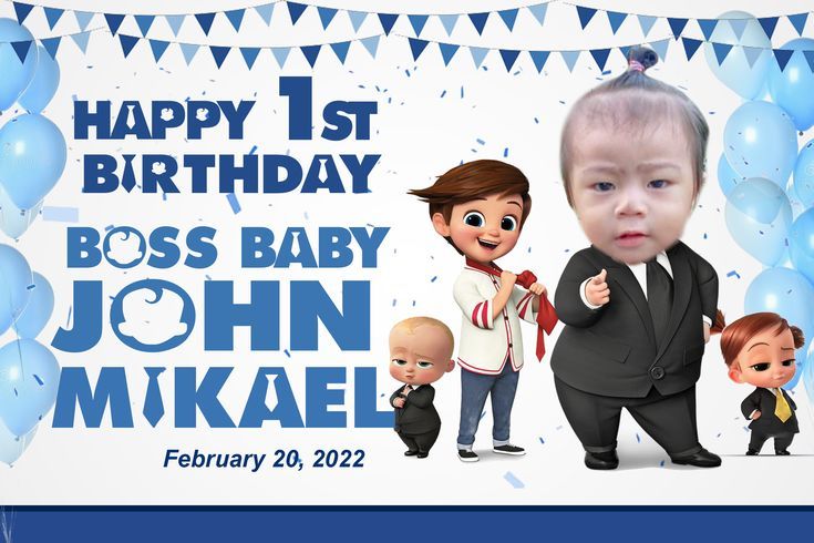 a birthday card for a baby boy with an image of two people and balloons in the background