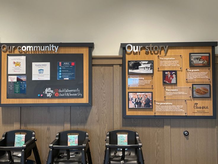 three black chairs sitting in front of a wooden paneled wall with information on it