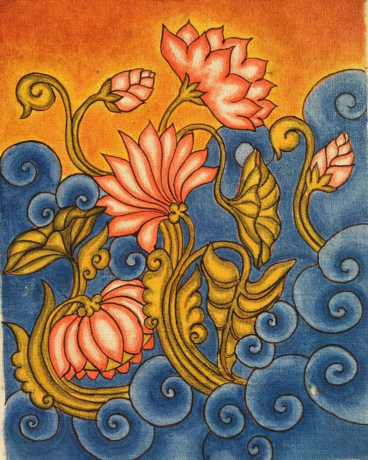 an artistic painting with flowers and swirls on the water's surface in blue, orange and yellow colors