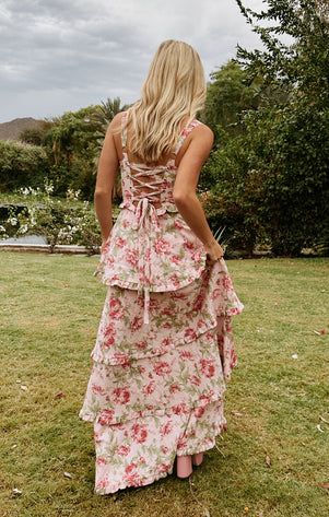 Flowey Prom Dress, Spring Corset Dress, Frill Prom Dress, Floral Layered Dress, Tired Prom Dress, Summer Floral Wedding Guest Dress, Floral Tiered Prom Dress, Tea Party Formal Dress, Cottage Prom Dress