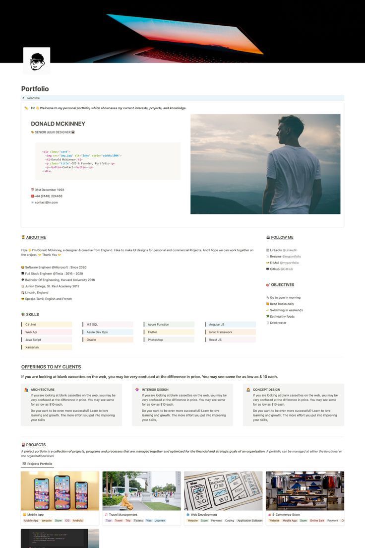 A portfolio for designers or product managers that includes featured projects, and links to social media. This portfolio notion template contains sections for Intro, About me, Offerings To My Clients, Projects & Blogging. Impress the potential employer/client with this personal portfolio template. Download this now. Product Management Portfolio, Portfolio Design Notion, Portfolio Notion Template, Project Manager Portfolio, Product Manager Portfolio, Notion Portfolio, Minimalist Notion, Notion Template For Work, Personal Portfolio Website