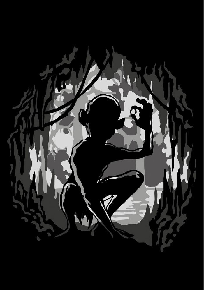 a black and white drawing of a person in the woods