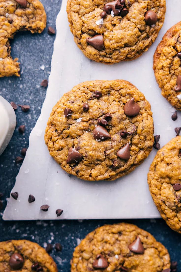 chocolate chip cookies on a sheet of parchment paper