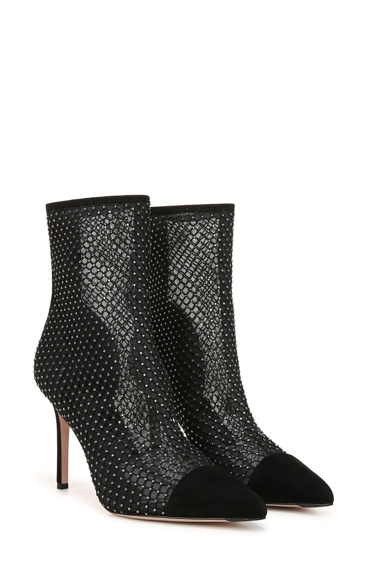 Shimmering crystals highlight the airy mesh of a pointy-toe bootie accented with smooth suede. 3 3/4" heel 5 1/2" shaft Back zip closure Leather and textile upper/leather lining and sole Imported High Heel Mesh Boots For Party, High Heel Mesh Party Boots, Rhinestone Boots Outfit, Black Rhinestone Boots, Rhinestone Boots, Poppy Delevingne, Black Rhinestone, Veronica Beard, Boots Outfit