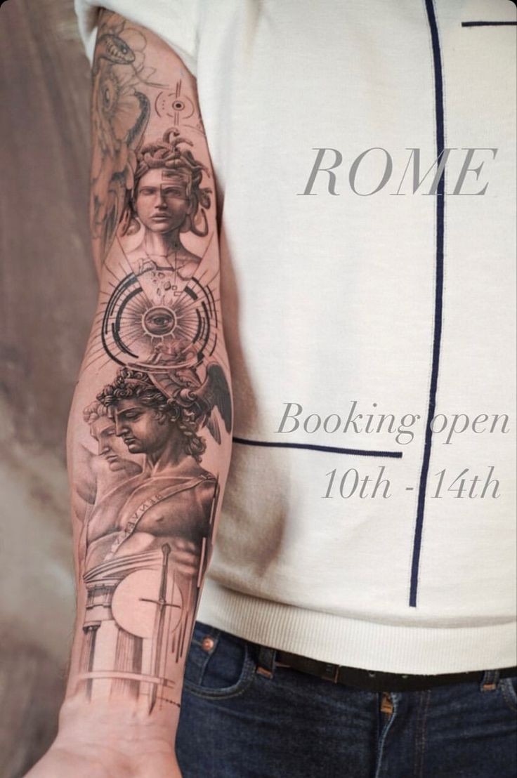 a man's arm with tattoos on it and the words rome written in roman numerals