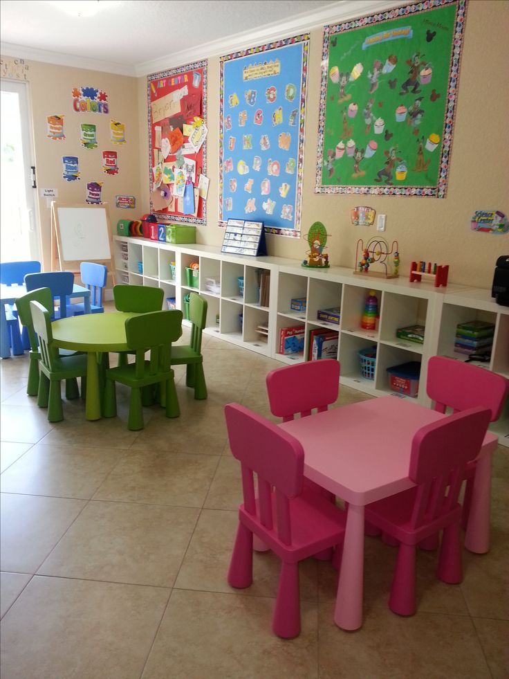 children's tables and chairs in a playroom