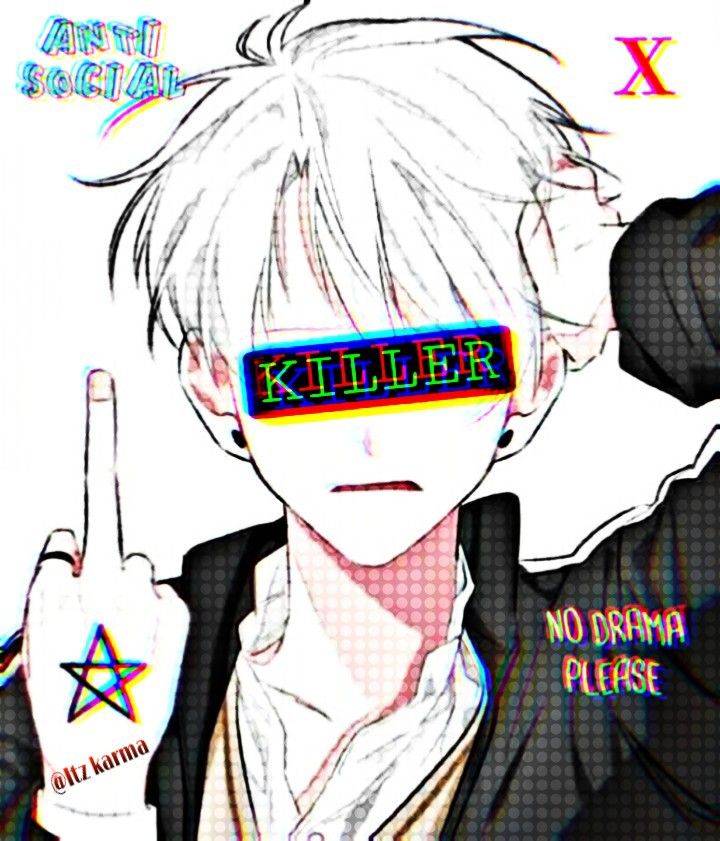 an anime character with the word killer written on his forehead and pointing to it's left