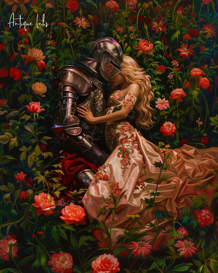 a painting of a knight kissing a woman in a field of flowers