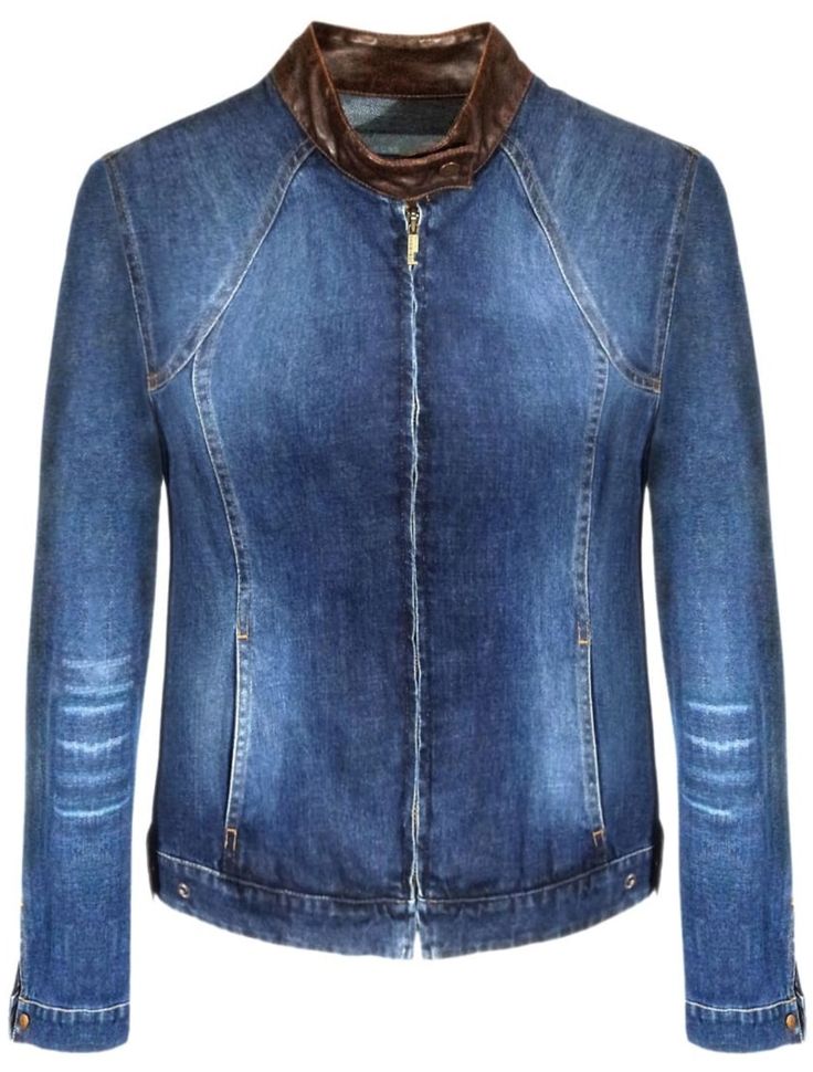 Women's blue denim jacket with scuff effect. Brown collar. Fabric Structure, Blue Denim Jacket, Ermanno Scervino, John Galliano, Donna Karan, Emilio Pucci, Leather Jackets, Women's Casual, Summer Casual