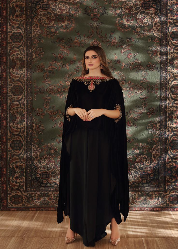 Black velvet cape style top handworked with dabka, tilla and zardozi on the neckline and sleeves. Paired with black flared pants to complete the chic look. Astoria Ny, Black Flare Pants, Velvet Cape, Cape Style, Black Flare, Chic Look, Flared Pants, The Chic, Flare Pants