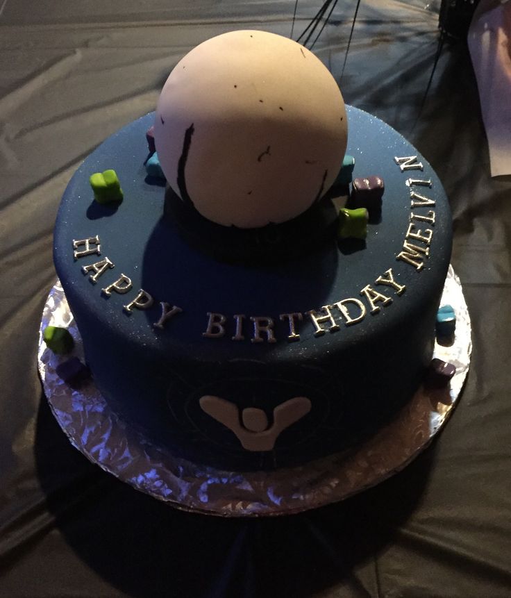 a blue birthday cake with an egg on top that says happy birthday written on it