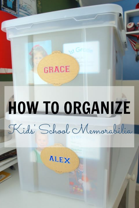 a plastic container with labels on it and the words how to organize kids'school memories