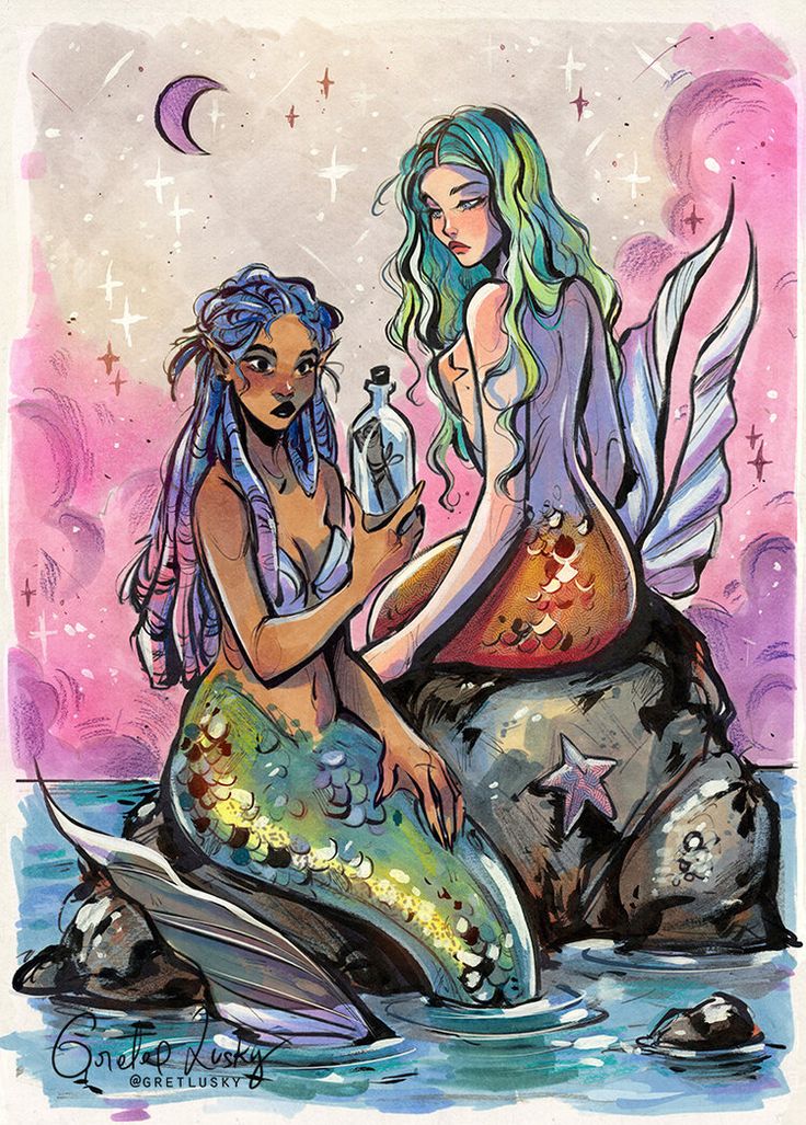 two mermaids are sitting on rocks in the water and one is holding a bottle