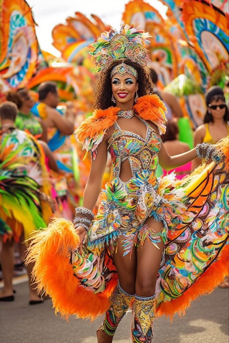 a woman in a colorful costume walking down the street