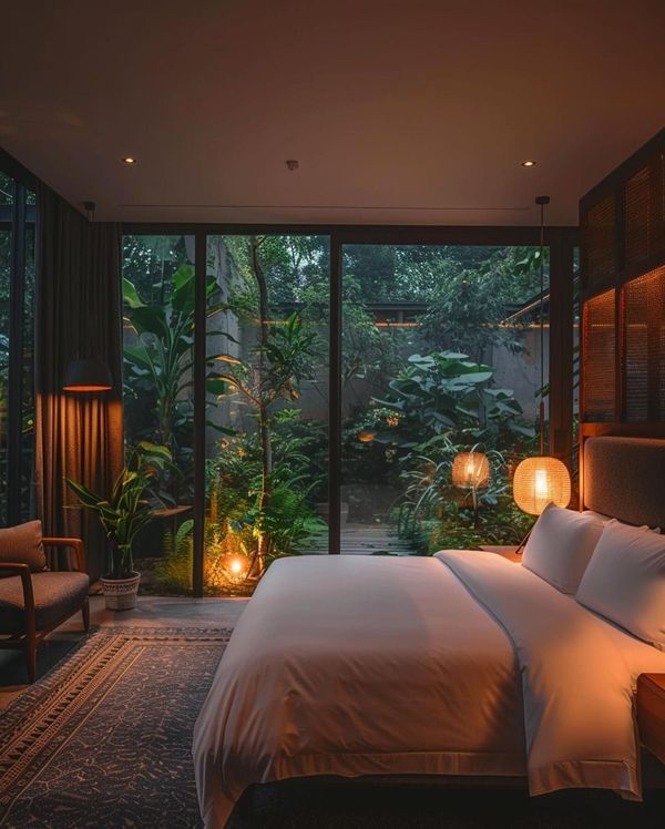 a large bed sitting in a bedroom next to a tall glass window with lights on it