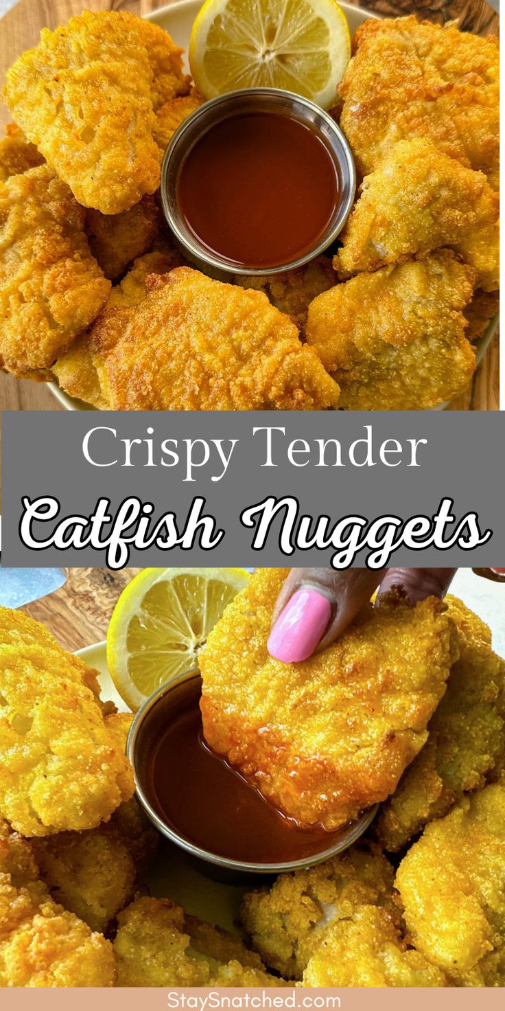 crispy tender fish nuggets with dipping sauce and lemon wedges on the side