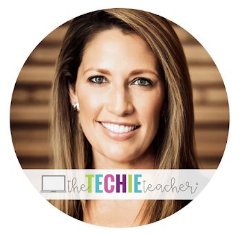 a woman with long hair smiling in front of a white background and the words, the techie teacher