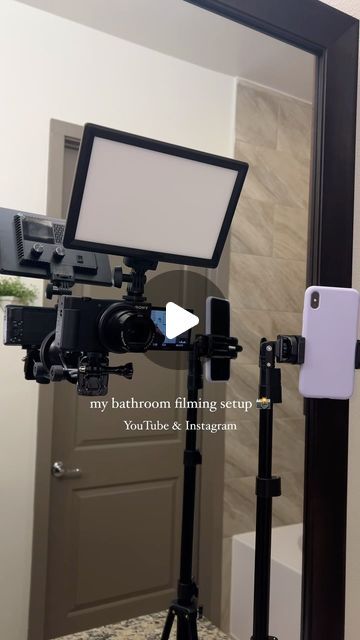 an image of a video camera set up in front of a mirror with the words my bathroom firming step you'll take to morgan