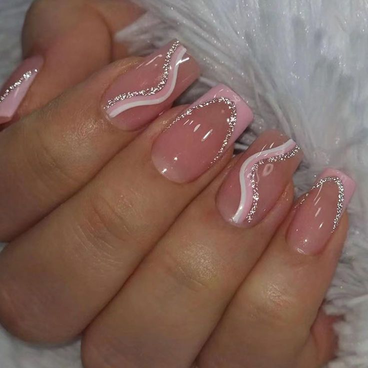 Pink French Tip Press on Nails Medium Square Fake Nails Glitter Wavy Stripe Acrylic Nails Reusable Coffin Nails with Glue on Nails Full Cover Stick on Nails for Women DIY Charm Manicure. Deluxe Nails, Bday Nails, Nagel Tips, Easy Nails, Summery Nails, Girly Acrylic Nails, Her Nails, White Nail, Short Acrylic Nails Designs