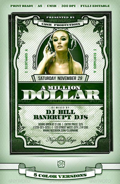 a green and white flyer with a woman talking on the phone in front of a dollar bill