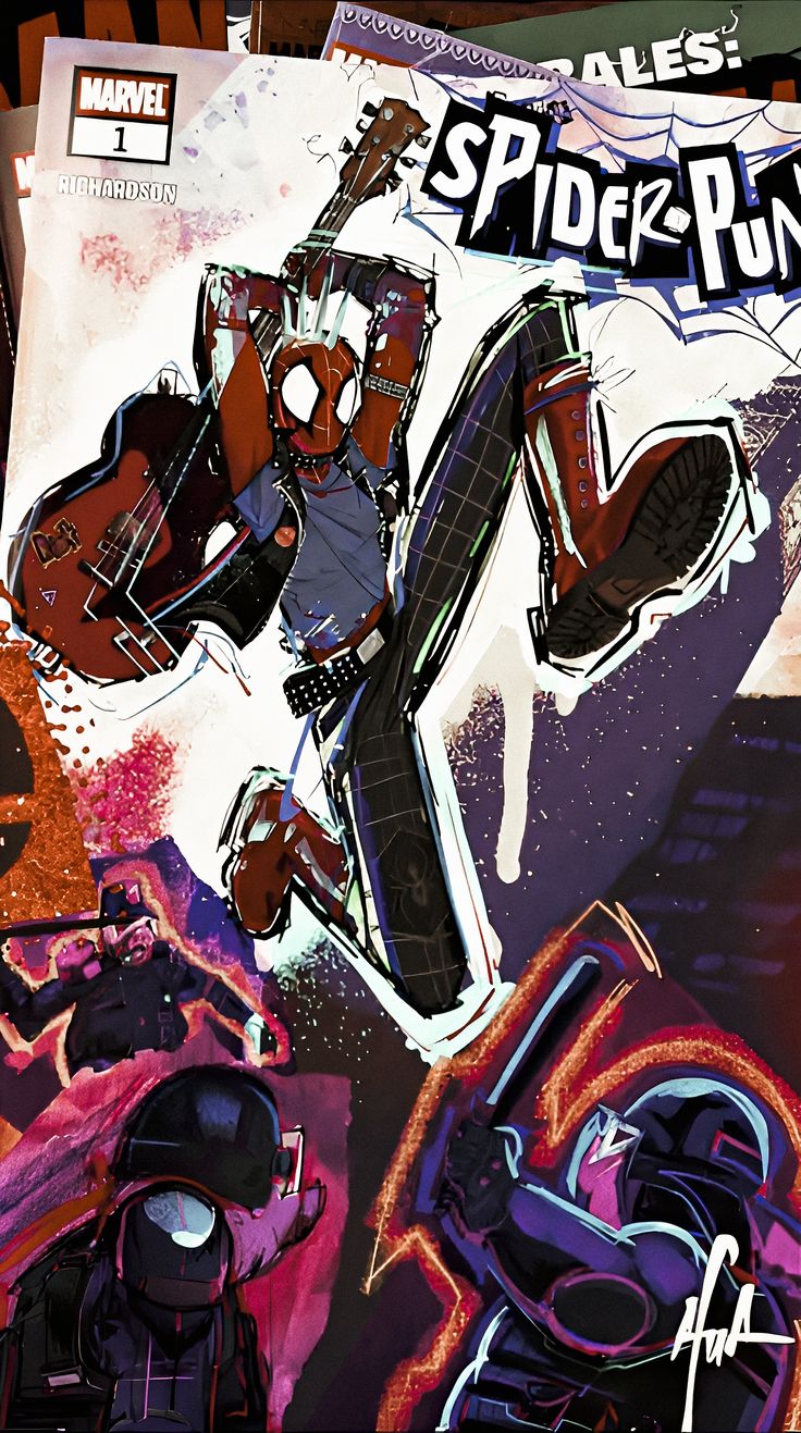 an image of spider - man flying through the air in front of some other characters