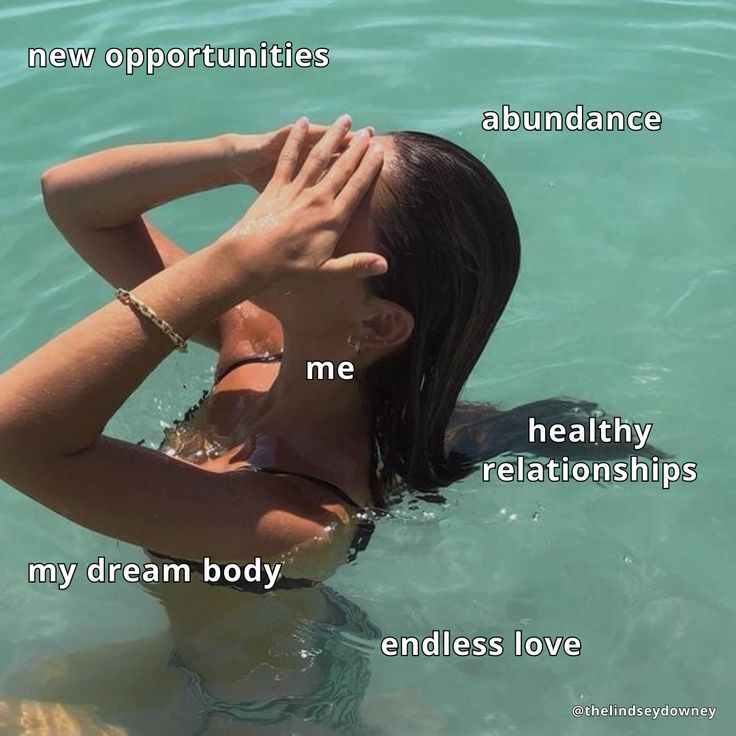 a woman is floating in the water with her hands on her face and words above her head