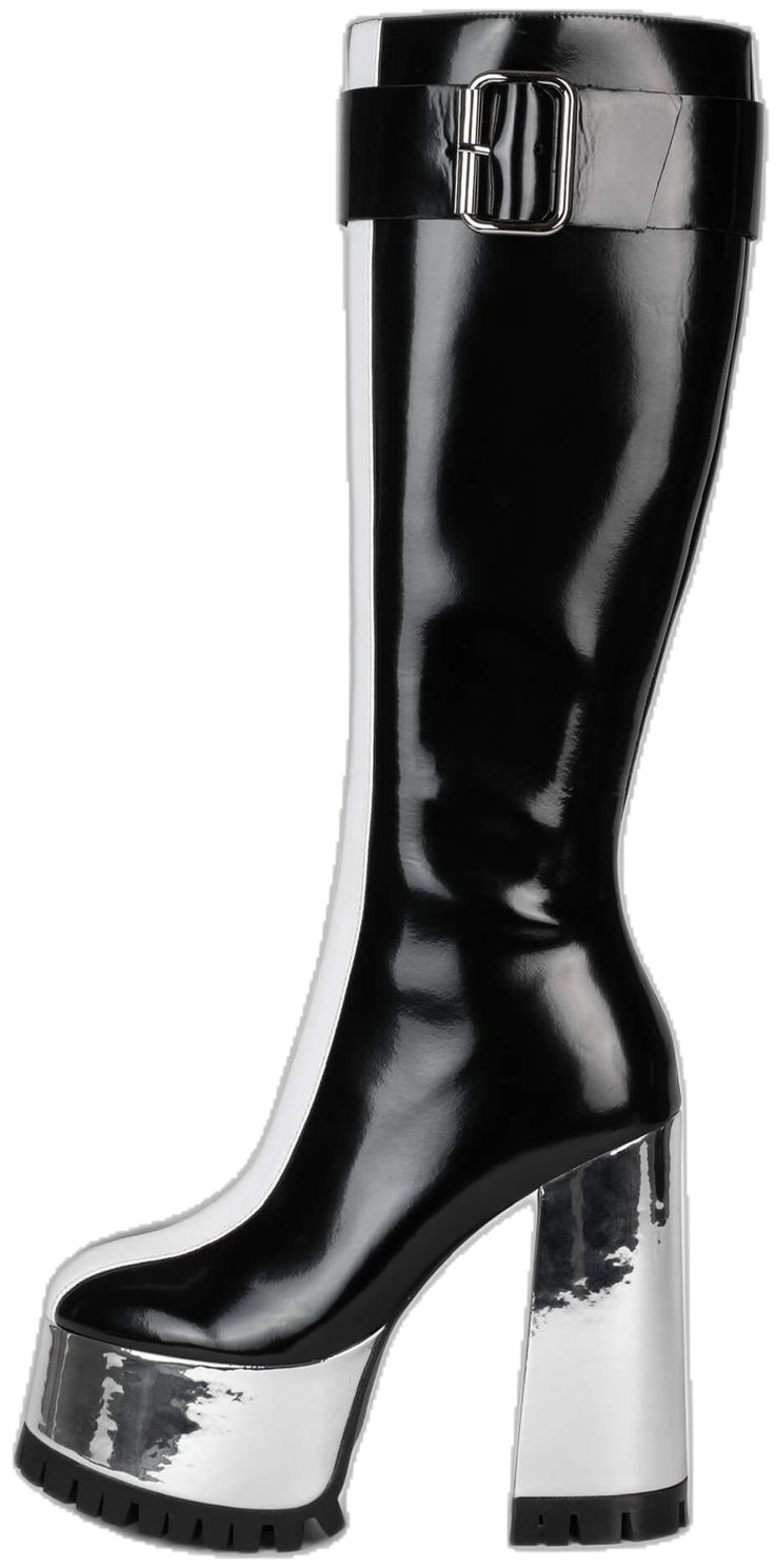 Sleek Knee-high Platform Boots For Party, Knee-high Platform Boots With Sculpted Heel, Modern Black High Shaft Boots, Night Out Patent Leather Platform Boots, Sleek Mid-calf Boots For Party, Sleek Wide Calf Party Boots, Sleek Wide Calf Boots For Party, Sleek Platform Heeled Boots, Knee-high Patent Leather Boots For Night Out