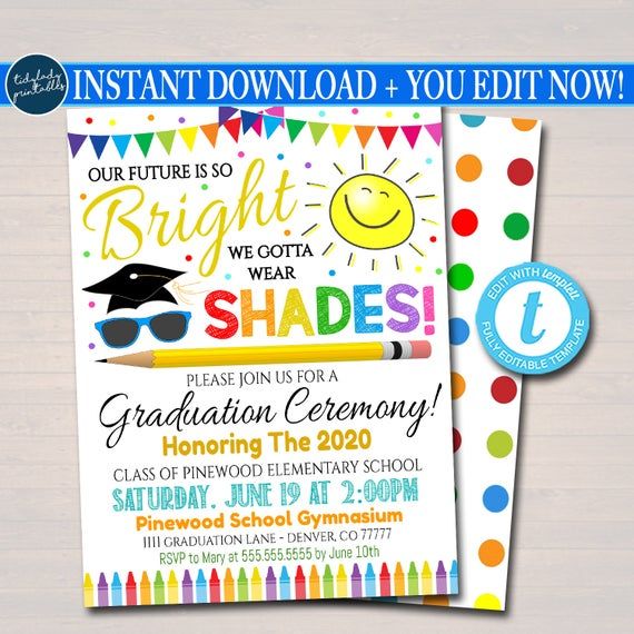 an image of graduation party flyer with the words bright, we got to wear shades