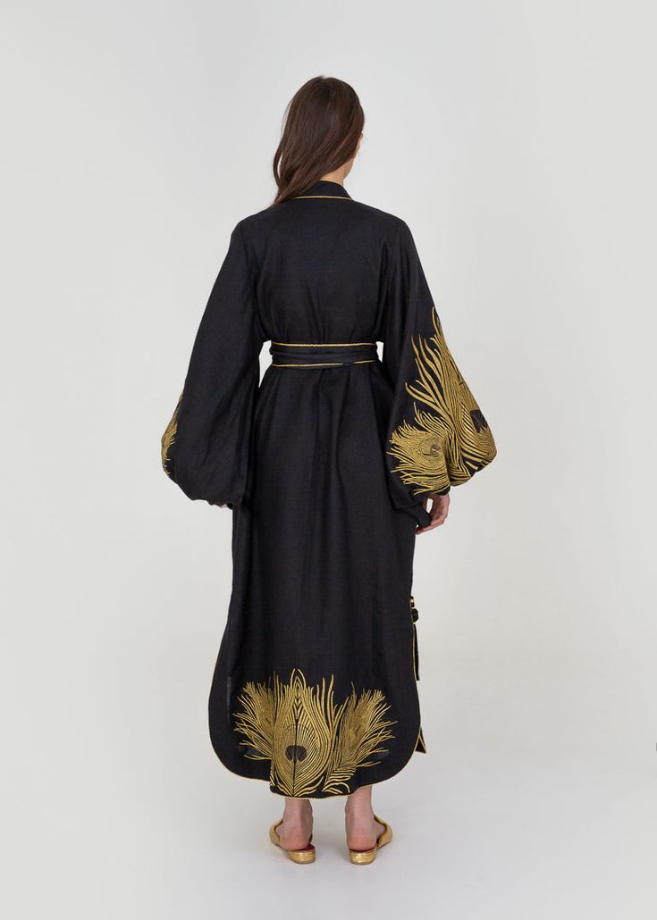 Luxurious Black/Gold Peacock Women's Midi Caftan Yuliya Magdych Luxury Dupatta With Peacock Design For Festivals, Luxury Peacock Design Dupatta For Festivals, Luxury Semi-stitched Traditional Wear With Peacock Design, Luxury Dupatta With Peacock Design For Diwali, Luxury Peacock Design Dupatta For Diwali, Luxury Traditional Wear With Peacock Design For Diwali, Bohemian Abaya With Traditional Drape, Elegant Festive Multicolor Embroidered Kaftan, Festive Elegant Multicolor Embroidered Kaftan