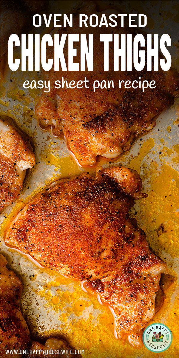 oven roasted chicken thighs in a pan with text overlay