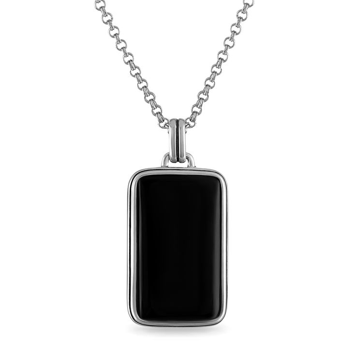 This pendant necklace attracts the sophisticated man with its sleek and modern design. Crafted in sterling silver, this pendant features bold, black onyx in a gleaming white metal. This pendant measures 45.2mm in length and 20.75mm in width and comes suspended from a 22 inch chain. Modern Formal Necklace With Rectangular Pendant, Classic Stainless Steel Necklace With Polished Finish, Classic Square Pendant Necklace With Polished Finish, Modern Rectangular Necklace With Polished Finish, Modern Rectangular Pendant Jewelry With Polished Finish, Modern Black Necklace With Box Chain, Modern Black Necklace With Large Pendant, Modern Onyx Necklaces With Polished Finish, Modern Black Jewelry With Polished Finish