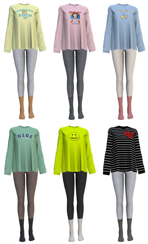 six different colored women's pajamas and leggings with cartoon faces on them