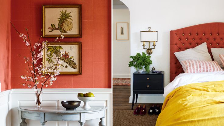 two pictures of a bedroom with red walls and yellow bed linens on the bed