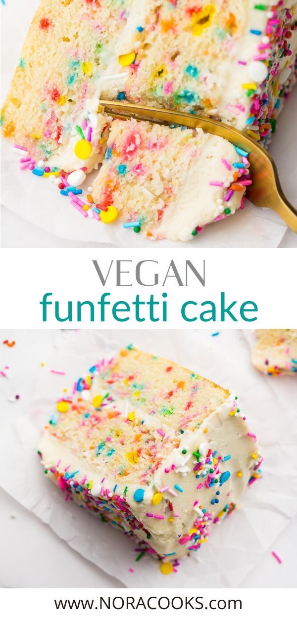 vegan funfetti cake with white frosting and sprinkles