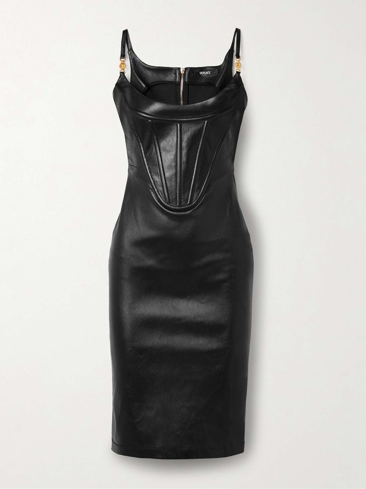 Shop VERSACE Embellished leather bustier dress, Explore the latest VERSACE women's collection today on NET A PORTER Versace Outfit Women Casual, Versace Outfit Women, Versace Corset, Versace Black Dress, Black Versace Dress, Leather Corset Dress, Dresses Versace, Biker Dress, Outfits Jewelry