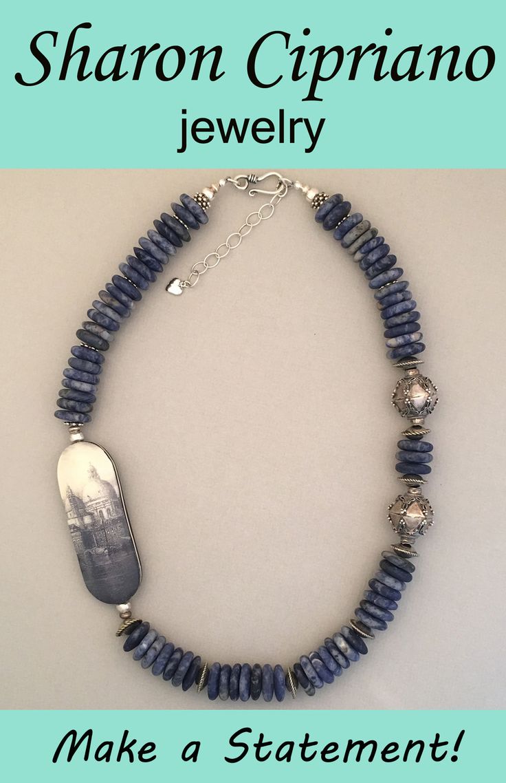 One-of-a-kind sodalite and silver statement necklace featuring handcrafted art bead. Handmade Sterling Silver Beads For Jewelry Making, Handmade Artisan Rondelle Beads, Handmade Rondelle Artisan Beads, Artisan Gemstone Beaded Necklaces, Healing Beaded Rondelle Jewelry, Artisan Beaded Necklaces With Gemstone Beads, Lapis Lazuli Beaded Necklace With Large Beads For Gift, Lapis Lazuli Beaded Necklaces With Large Beads As Gift, Handmade Kyanite Healing Necklaces