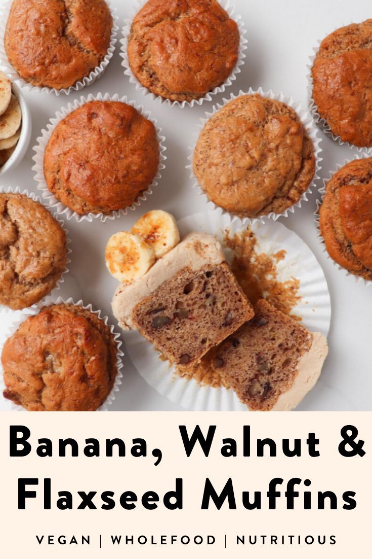 banana, walnut and flaxed muffins on a white plate with bananas