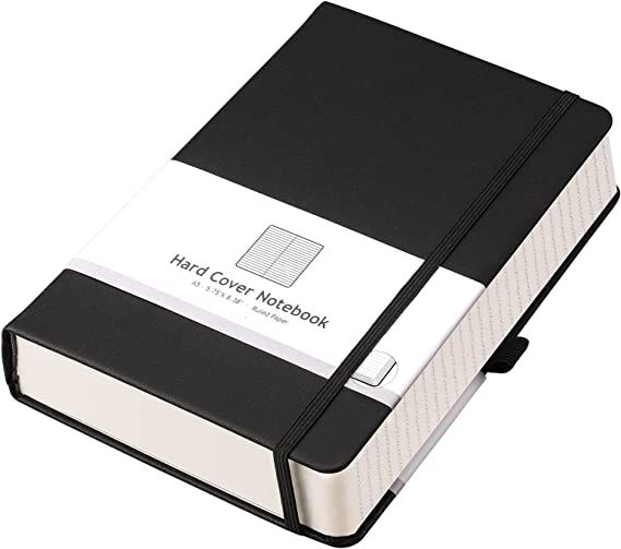 a black and white hard cover notebook with the word hard cover notebook on it's side