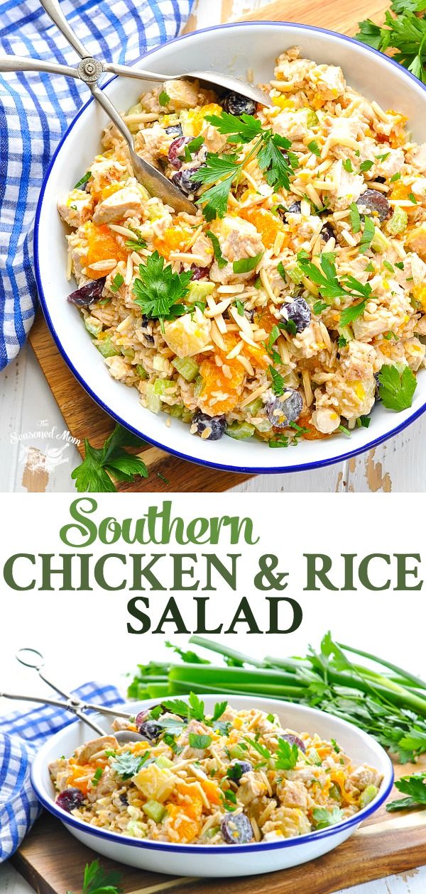 chicken and rice salad in a white bowl