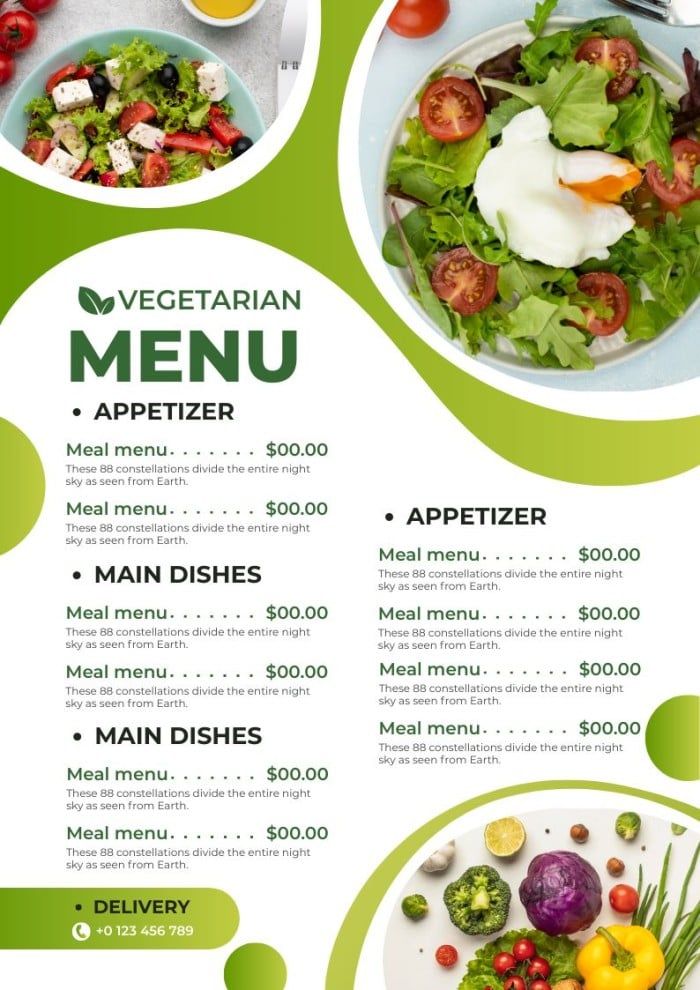 a green and white menu with two plates of food