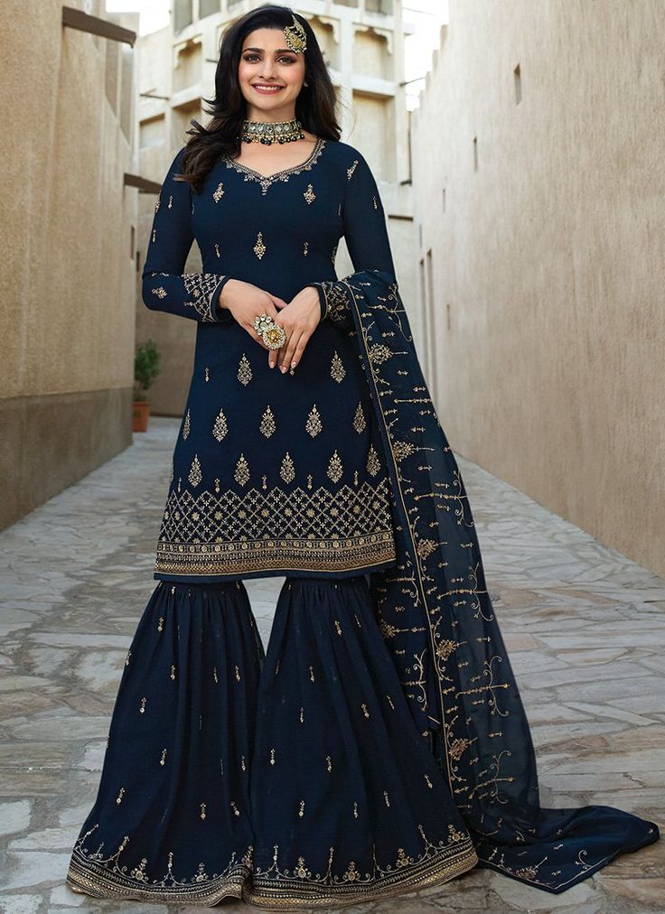 Dark Blue Embroidered Georgette Gharara Suit Blue Sharara Suit, Blue Sharara, Eid Clothes, Gharara Designs, Georgette Palazzo, Gharara Suits, Sharara Designs, Prachi Desai, Eid Outfits