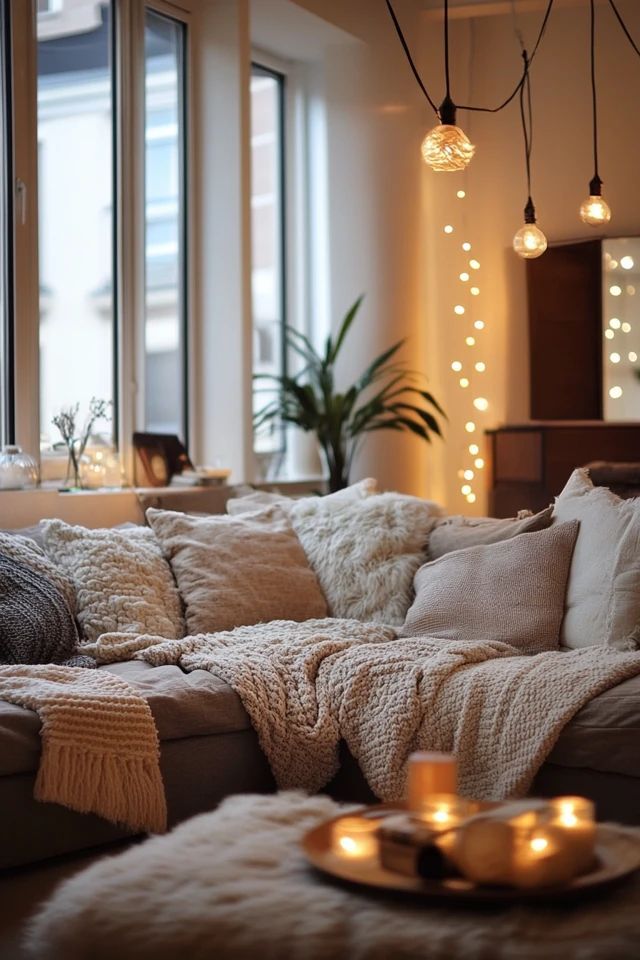 a living room filled with lots of furniture next to a large window covered in lights