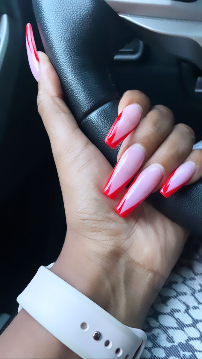 Coffin shaped, red and light pink tip nails Red Pink Nails Acrylic, Light Pink And Red Nails, Pink Tip Nails, I Love Nails, Fire Nails, Love Nails, Light Red, Nail Tips, Red Nails