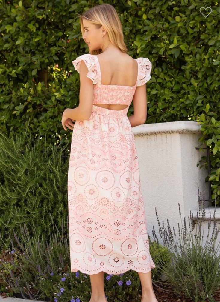 Pair with our Del Mar Sandals for the perfect beach look! This dress has hollow embroidery details with ruffle sleeves. Cocktail Dress Formal, Cotton Sundress, Embroidered Midi Dress, Ruffle Sleeve Dress, Pink Maxi, Summer Bikinis, Pink Maxi Dress, Midi Dress With Sleeves, Ruffle Sleeves