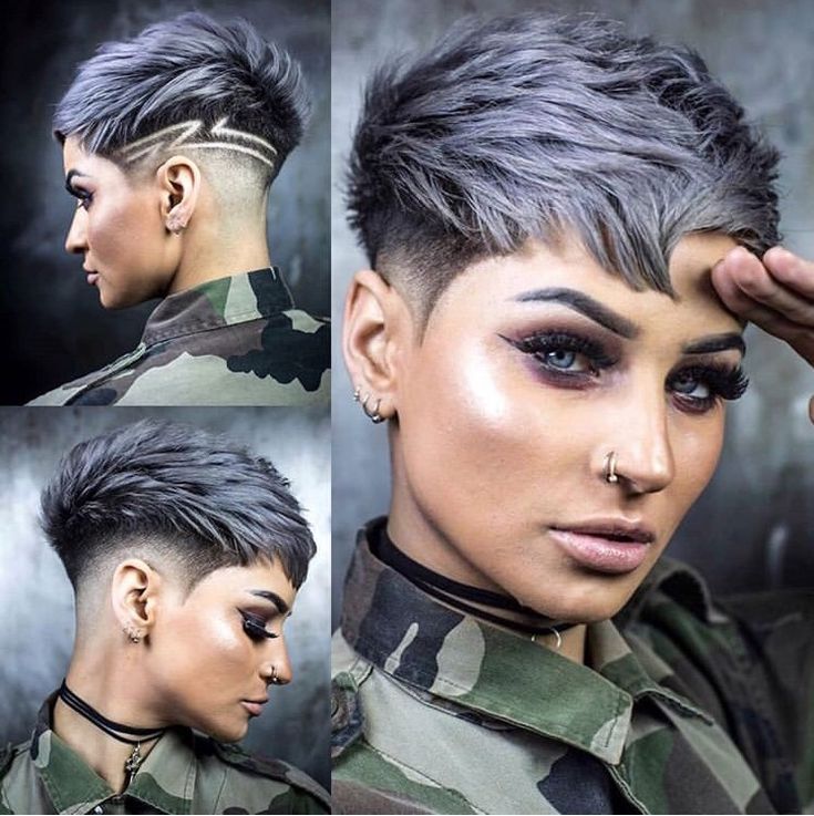 Pixie Hair Color Ideas Funky Hairstyles, Funky Pixie Cut, Pixie Mohawk, Shaved Hair Designs, Funky Short Hair, Hairstyles Aesthetic, Haircut Designs, Short Hair Undercut, Short Grey Hair