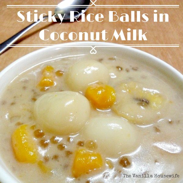 a bowl of oatmeal with three eggs on top and the words sticky rice balls in coconut milk