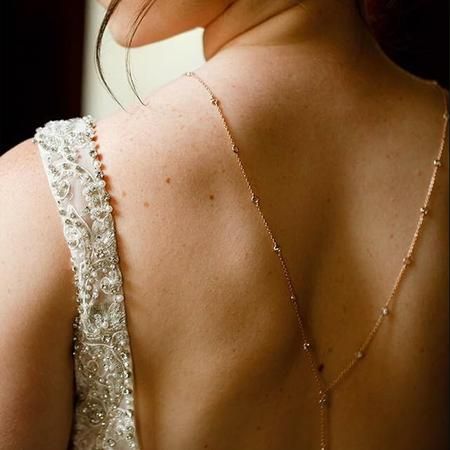 Bridal Back Pendant Silver Necklace | Y Lariat Backdrop Necklace – AMY O Bridal Delicate Chain Lariat Body Jewelry For Party, Gold Backless Body Chain, Elegant Clavicle Chain Body Jewelry, Delicate Chain Body Jewelry For Wedding, Silver Delicate Chain Body Chain For Wedding, Gold Clavicle Chain Body Chain For Wedding, Rose Gold Body Jewelry For Wedding, Delicate Body Chain For Party, Dainty Lariat Backdrop Necklace For Formal Occasions