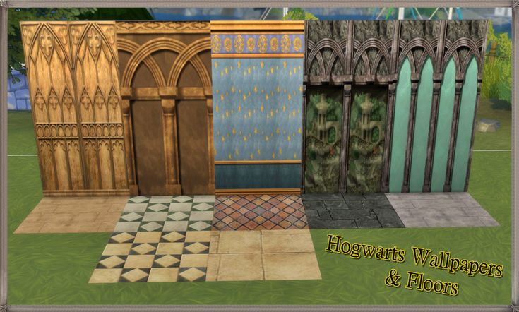 four different types of wooden fences and floors in various styles, sizes and colors with text overlay that reads hogwarts wallpapers & floors