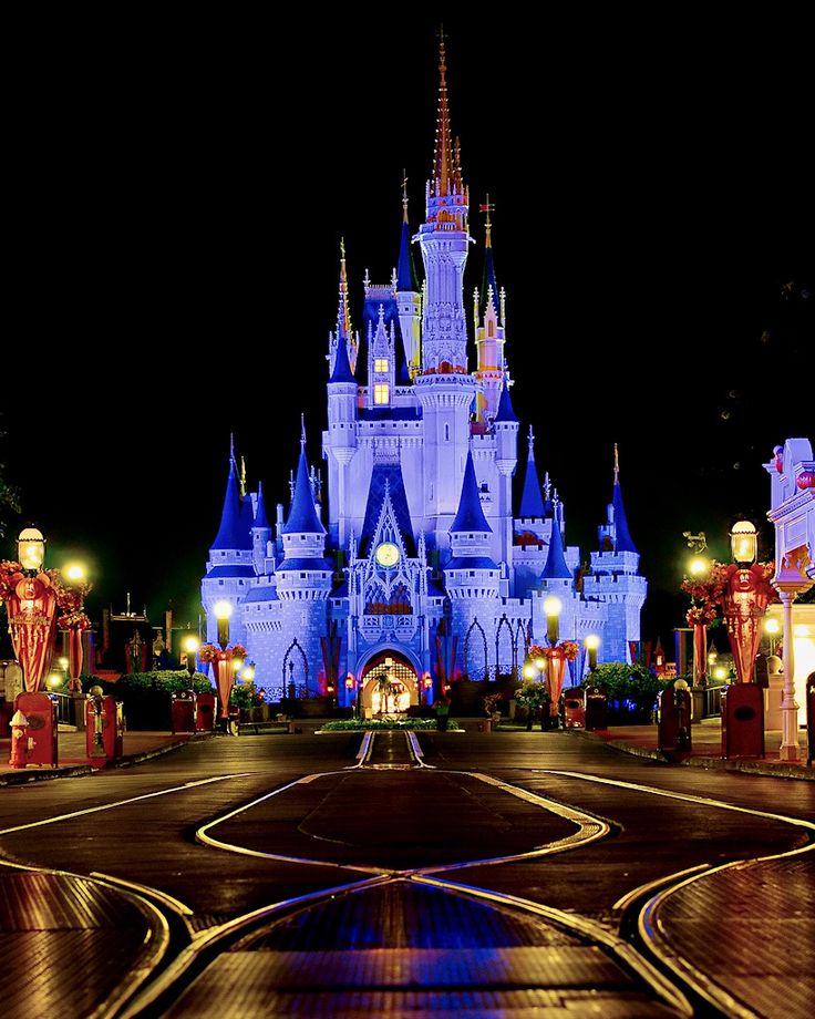 the castle is lit up at night with its lights on